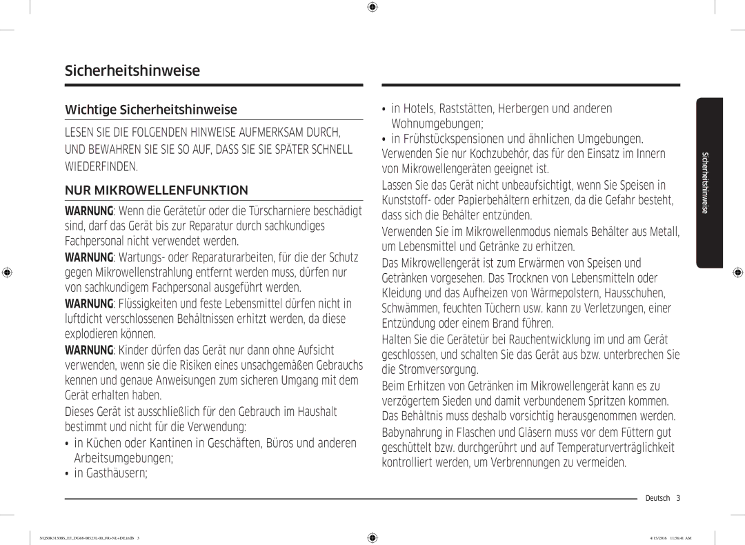 Samsung NQ50K3130BS/EF, NQ50K3130BS/EG manual Wichtige Sicherheitshinweise, Deutsch  